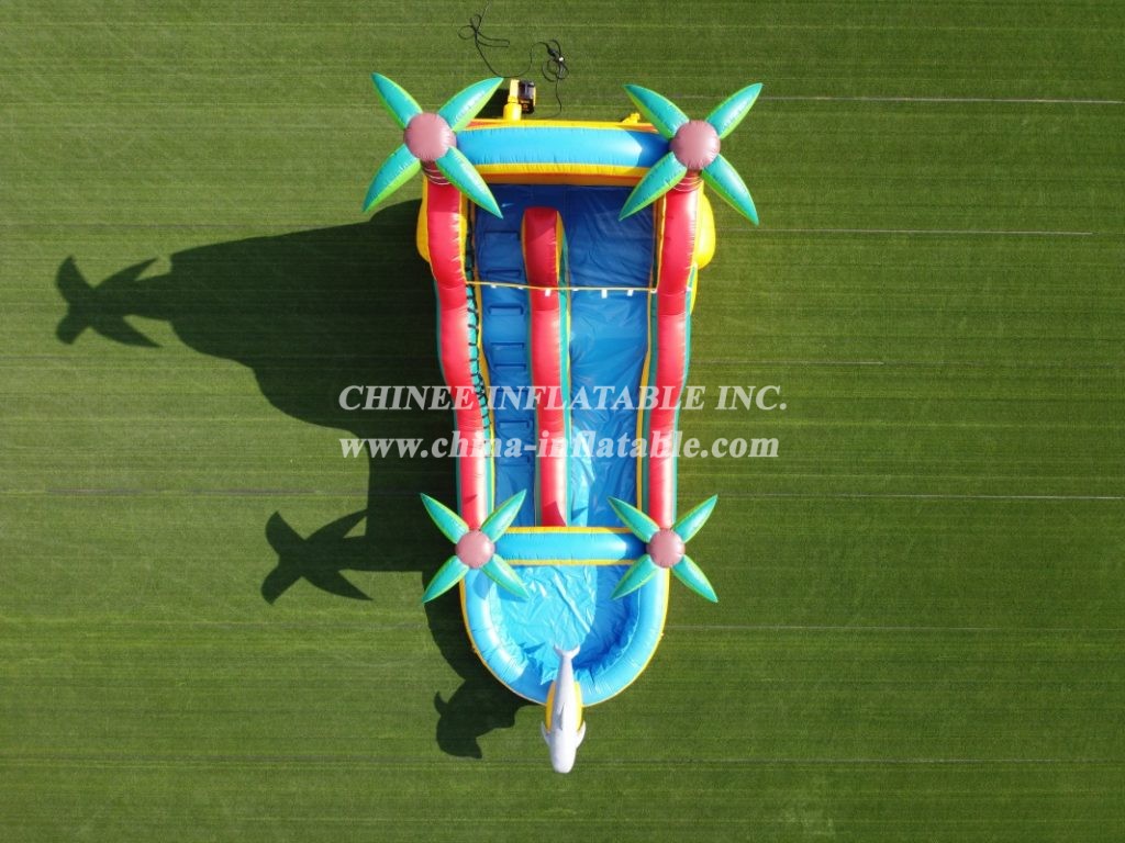 T8-1332 Dolphin theme inflatable palm tree water slide kids party adults inflatable slide with pool