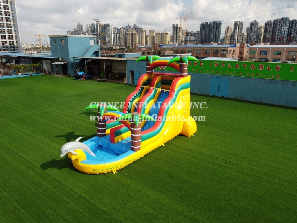 T8-1332 Dolphin theme inflatable palm tree water slide kids party adults inflatable slide with pool