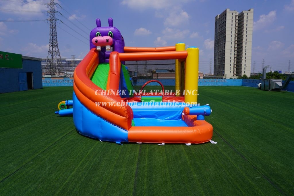 T8-3809 Kids hippo water slide bounce house colorful wet combo