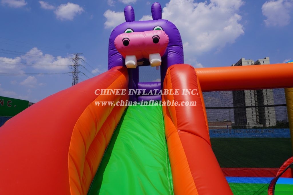 T8-3809 Kids hippo water slide bounce house colorful wet combo